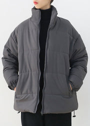 Organic Grey Stand Collar Zippered Thick Parka Winter