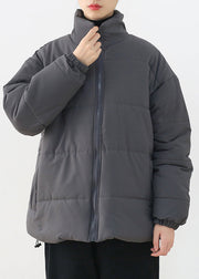 Organic Grey Stand Collar Zippered Thick Parka Winter