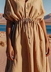 Organic Khaki Drawstring Button Patchwork Linen Dress Summer