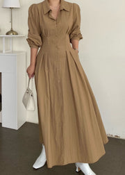 Organic Khaki Peter Pan Collar Wrinkled Patchwork Cotton Long Dresses Spring