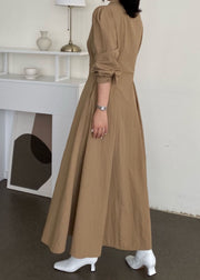 Organic Khaki Peter Pan Collar Wrinkled Patchwork Cotton Long Dresses Spring