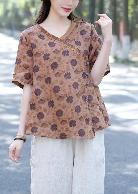 Organic Khaki Print Button Patchwork Linen Shirts Short Sleeve