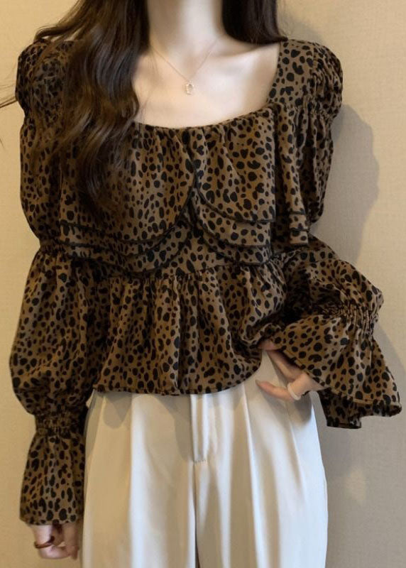 Organic Leopard Ruffled Patchwork Chiffon Shirt Tops Flare Sleeve