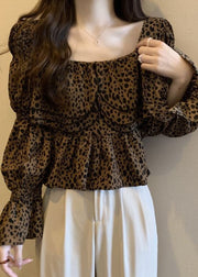 Organic Leopard Ruffled Patchwork Chiffon Shirt Tops Flare Sleeve