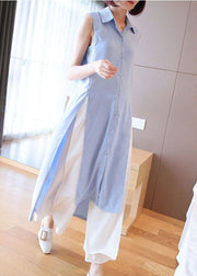 Organic Light Blue Oversized Side Open Chiffon Long Shirts Summer