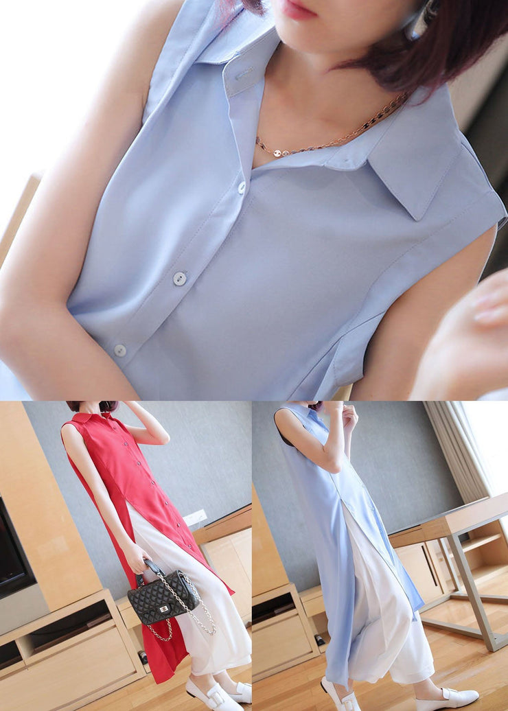 Organic Light Blue Oversized Side Open Chiffon Long Shirts Summer