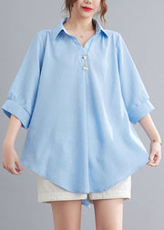 Organic Light Blue Peter Pan Collar Linen Tops Summer