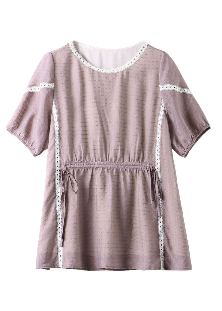 Organic Light Purple O Neck Lace Patchwork Silk Tops Summer