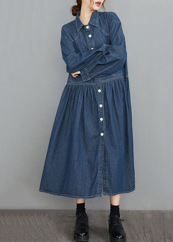 Organic Navy Oversized Patchwork Wrinkled Denim Vacation Dresses Spring