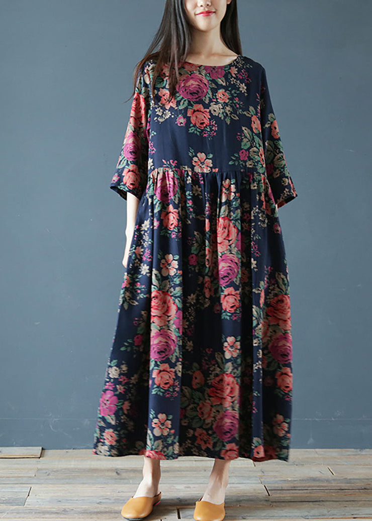 Organic Navy Oversized Print Exra Large Hem Cotton Dresses Half Sleeve