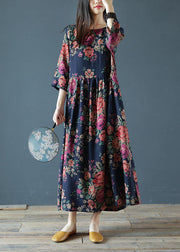 Organic Navy Oversized Print Exra Large Hem Cotton Dresses Half Sleeve