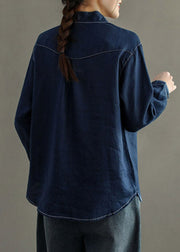 Organic Navy Stand Collar Asymmetrical Patchwork Button Linen Shirts Long Sleeve