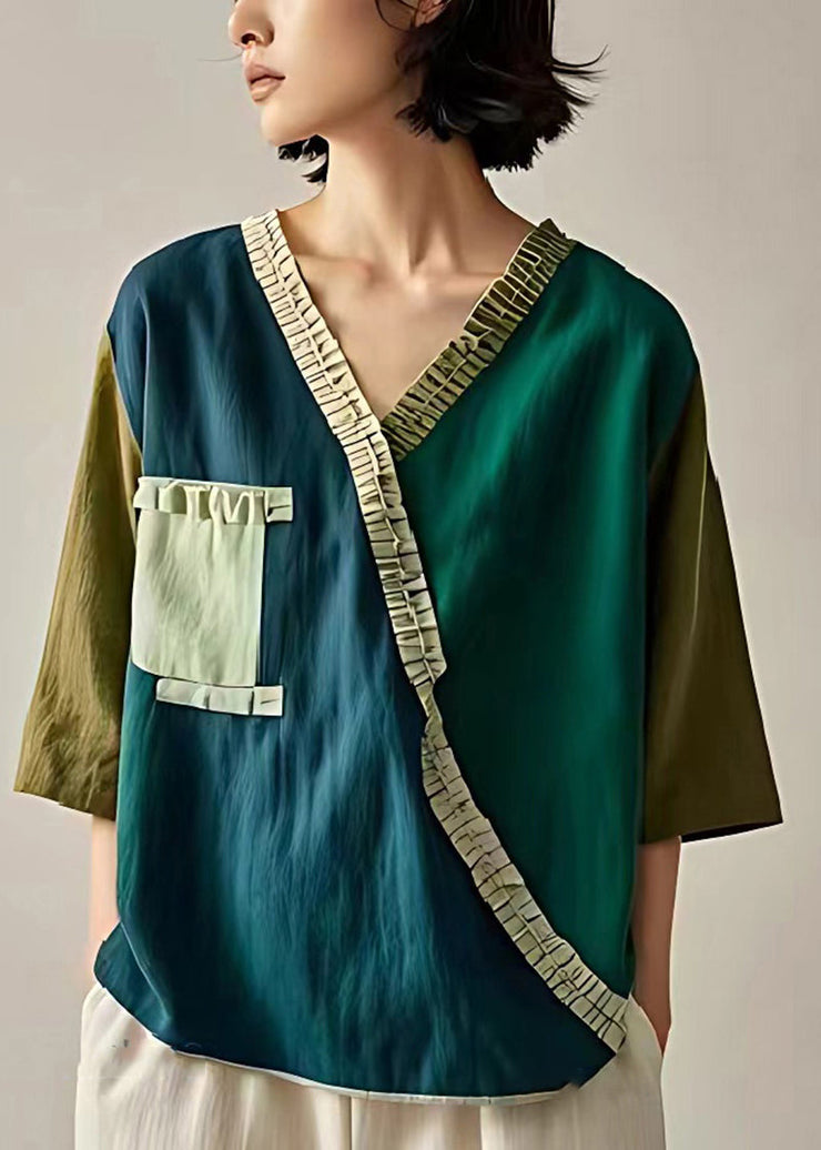 Organic Navy V Neck Patchwork Wrinkled Linen Shirt Tops Summer