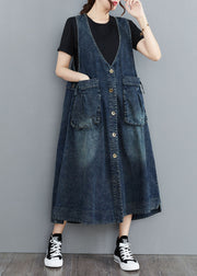 Organic Navy V Neck Pockets Patchwork Denim Sundress Sleeveless