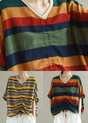 Organic Navy V Neck Striped Patchwork Cotton T Shirts Summer