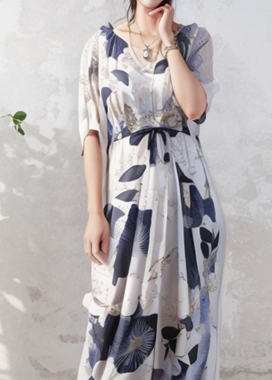 Organic O Neck Print Wrinkled Silk Long Dress Summer