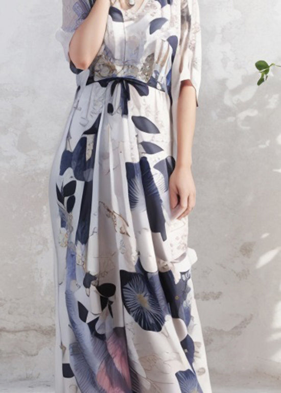 Organic O Neck Print Wrinkled Silk Long Dress Summer