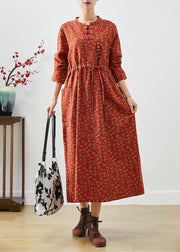 Organic Orange Cinched Print Cotton Vacation Dresses Fall