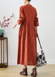 Organic Orange Cinched Print Cotton Vacation Dresses Fall