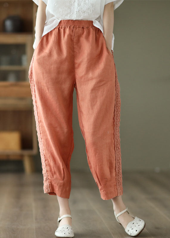 Organic Orange Elastic Waist Patchwork Lace Linen Harem Pants Spring