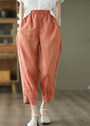 Organic Orange Elastic Waist Patchwork Lace Linen Harem Pants Spring