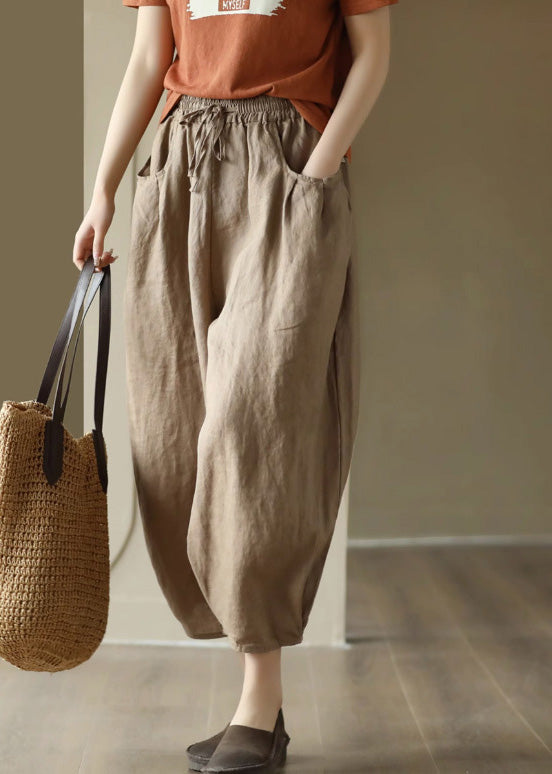 Organic Orange Elastic Waist Solid Linen Crop Pants