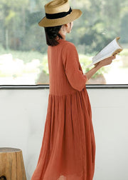 Organic Orange O Neck Wrinkled Patchwork Linen Dress Summer