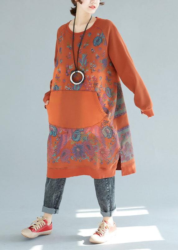 Organic Orange Pockets Patchwork Print Cotton Dresses Spring