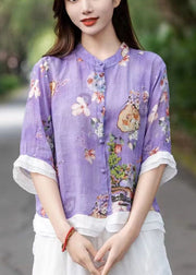 Organic Pink Embroideried Patchwork Print Linen Shirts Half Sleeve