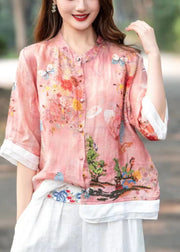 Organic Pink Embroideried Patchwork Print Linen Shirts Half Sleeve