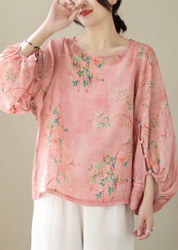 Organic Pink Oversized Print Cotton Top Lantern Sleeve