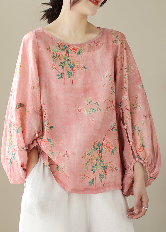 Organic Pink Oversized Print Cotton Top Lantern Sleeve