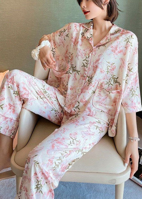 Organic Pink Oversized Print Ice Silk Pajamas Two Piece Set Women Clothing Batwing Sleeve