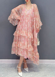 Organic Pink Ruffled Print Patchwork Chiffon Two Piece Suit Dresses Summer