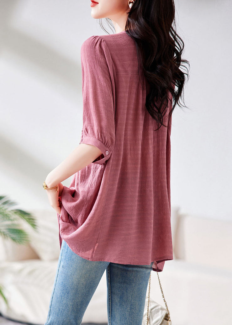 Organic Pink V Neck Wrinkled Button Shirts Half Sleeve