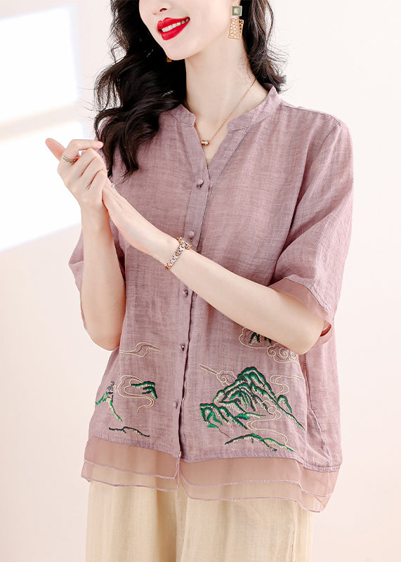 Organic Purple Embroidered Patchwork Linen Two Pieces Set Summer