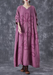 Organic Purple Embroideried Floral Linen Maxi Dresses Fall