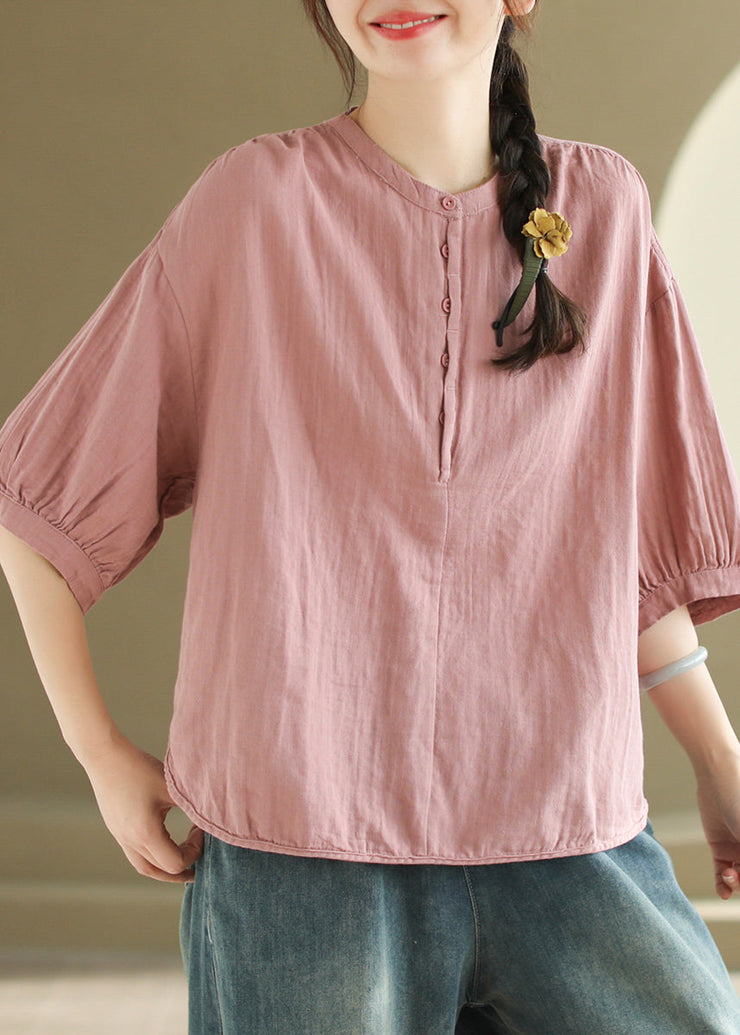 Organic Purple O Neck Button Cotton T Shirt Tops Half Sleeve