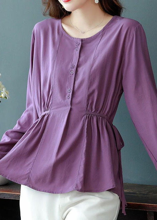 Organic Purple O Neck Wrinkled Lace Up Patchwork Cotton Top Long Sleeve