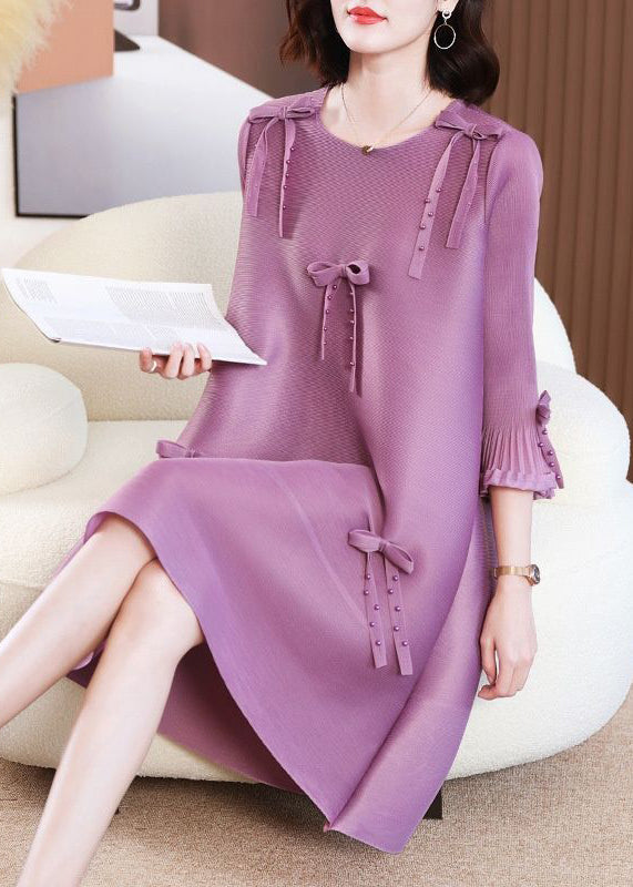 Organic Purple Oversized Bow Nail Bead Pleated Dresses Summer