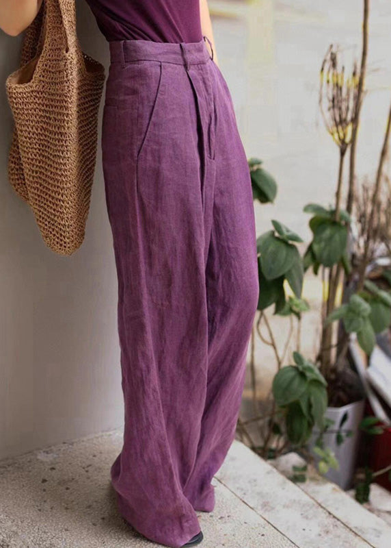 Organic Purple Pockets High Waist Linen Wide Leg Pants Fall