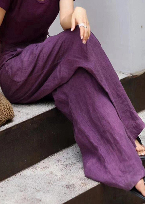 Organic Purple Pockets High Waist Linen Wide Leg Pants Fall