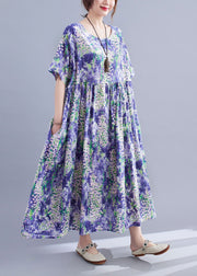 Organic Purple Print Patchwork Cotton Long Dresses Summer