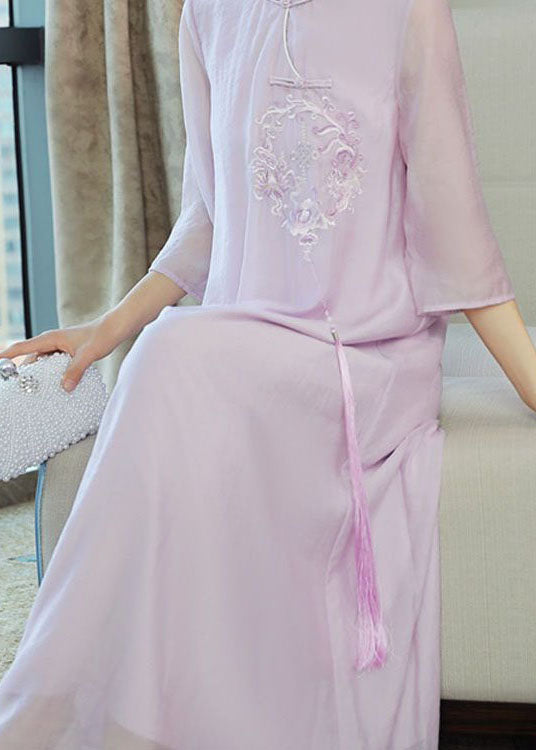 Organic Purple Tasseled Embroideried Patchwork Silk Dress Summer