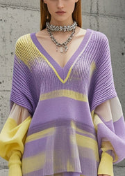 Organic Purple Tie Dye Patchwork Knitwear Dress Lantern Sleeve