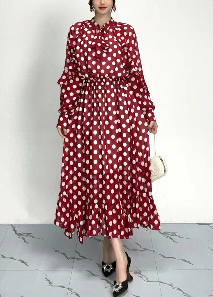 Organic Red Dot Print Ruffled Chiffon Dresses Long Sleeve