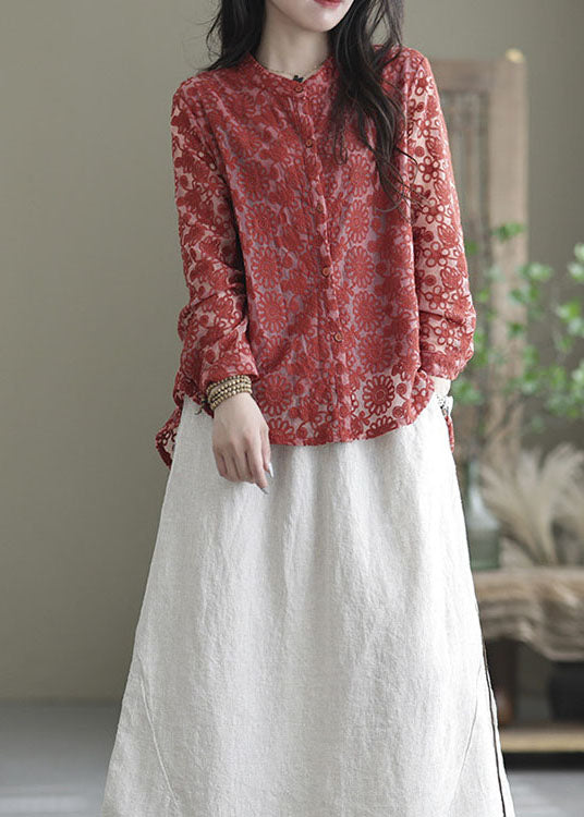 Organic Red O-Neck Embroideried Lace Shirt Tops Spring