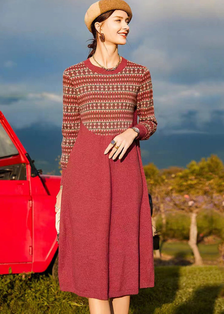 Organic Red O Neck Print Patchwork Woolen Dresses Winter