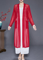 Organic Red Oversized Pockets Cotton Long Cardigan Fall