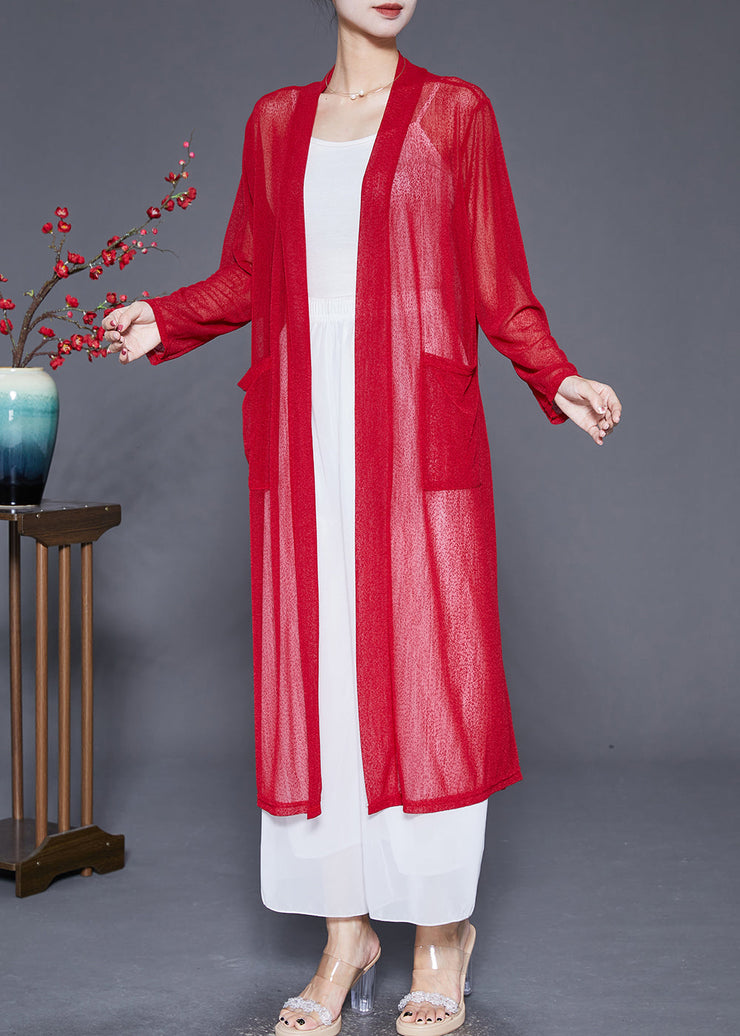 Organic Red Oversized Pockets Cotton Long Cardigan Fall